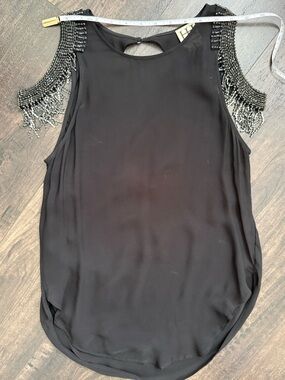 Haute Hippie Silk Beaded Fringe Tank XS Black Embellished Party Cocktail Top